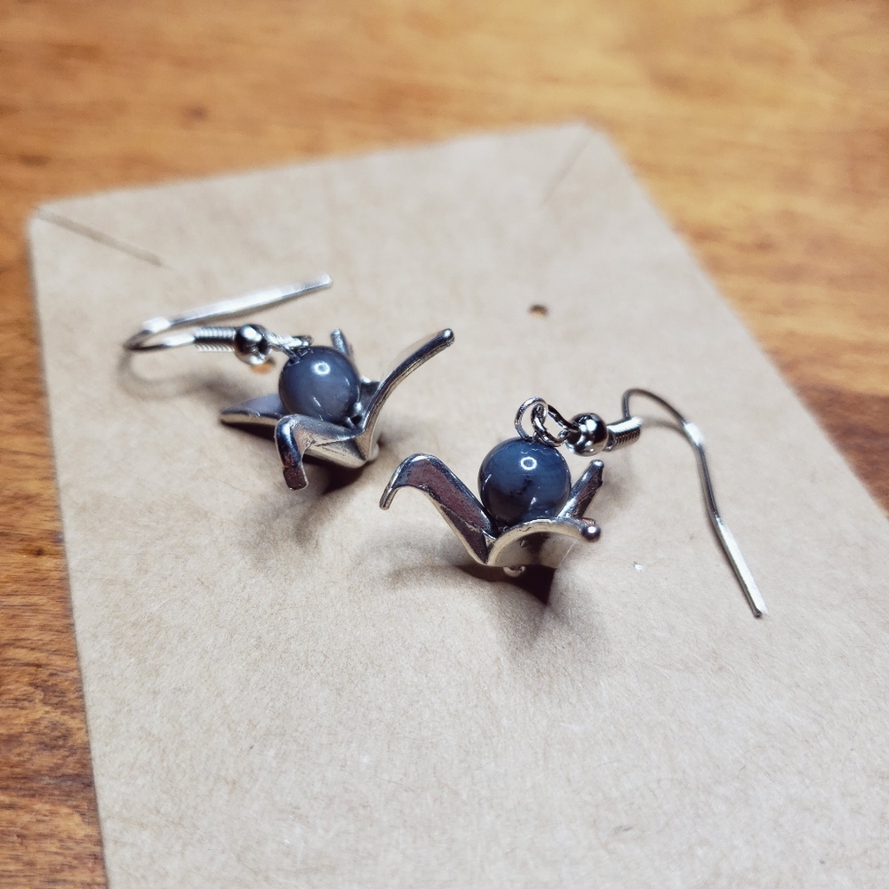 Handmade Origami Crane Dark Blue Gemstone Earrings